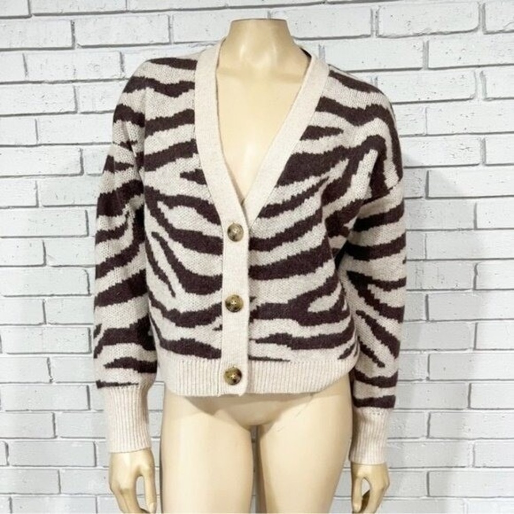 J.Crew Zebra Animal Print V-Neck Button Front Cardigan Brown Cream NWT L